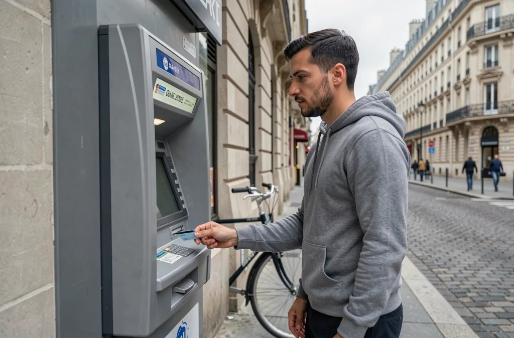 Homme retirant de l'argent à un distributeur automatique après réception du versement RSA