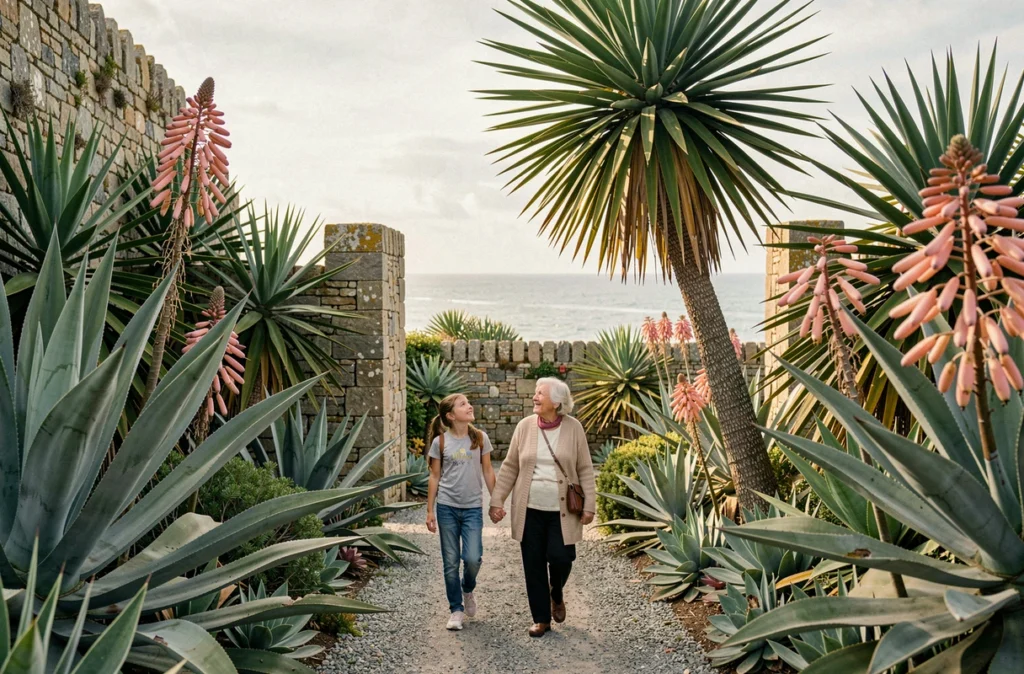 Grand-mère et petite-fille se promenant parmi les plantes exotiques des jardins de Roscoff