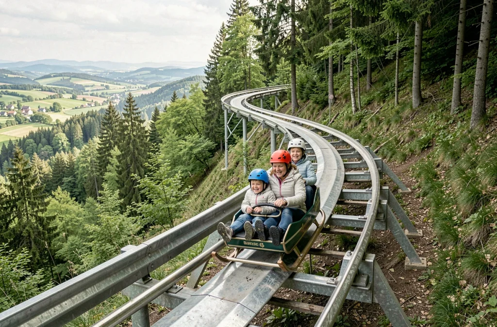 Mère et enfants dans un toboggan sur la piste de luge alpine coaster en Moselle