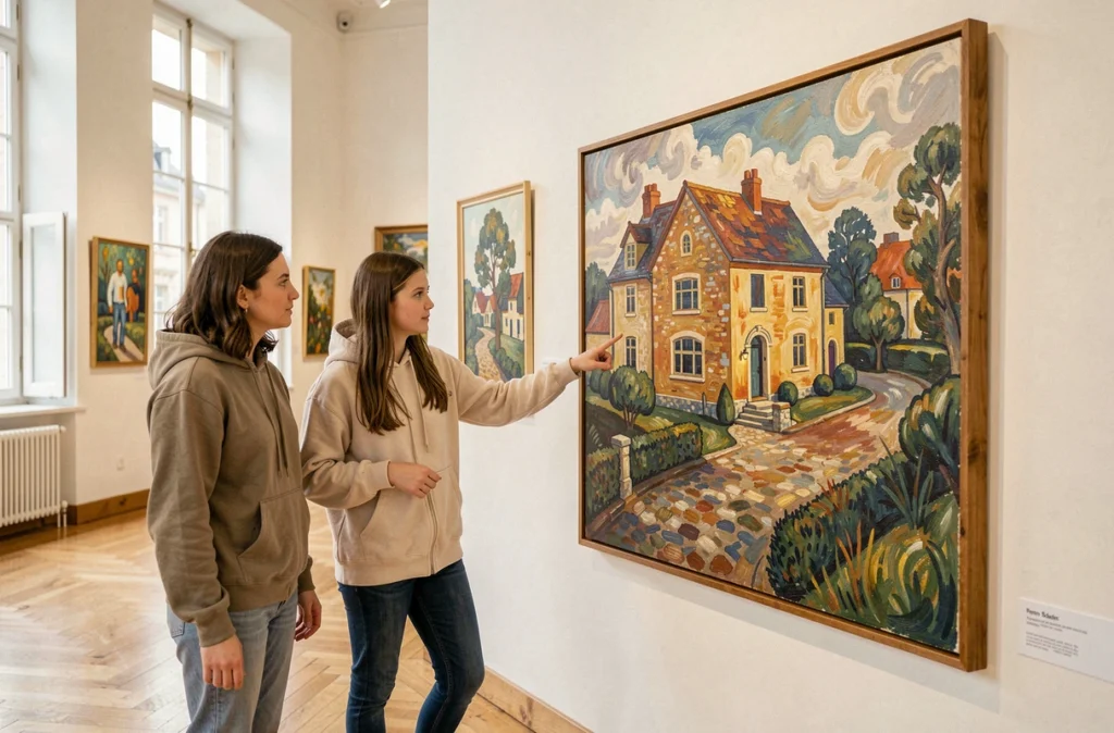 Mère et fille admirant une peinture de l'École de Pont-Aven au musée