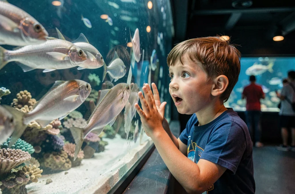 Enfant émerveillé devant un grand aquarium à Océanopolis de Brest