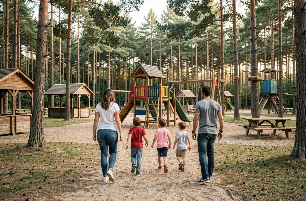 Famille avec enfants découvrant les jeux en plein air du parc Tepacap à Bitche en Moselle