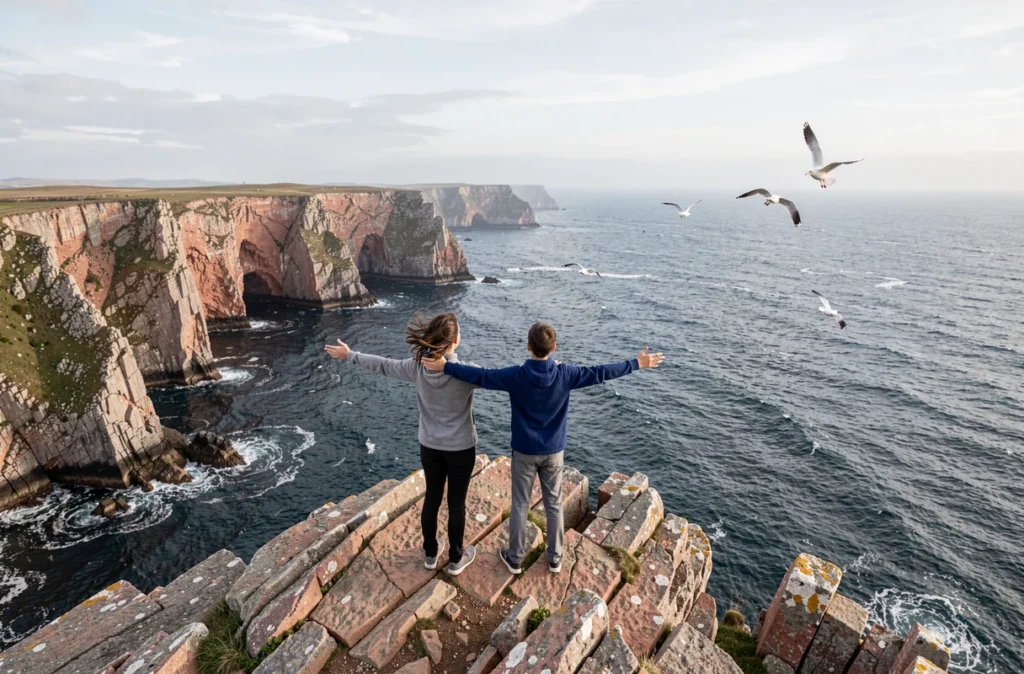 Famille au bord des falaises de la presqu'île de Crozon face à l'Atlantique
