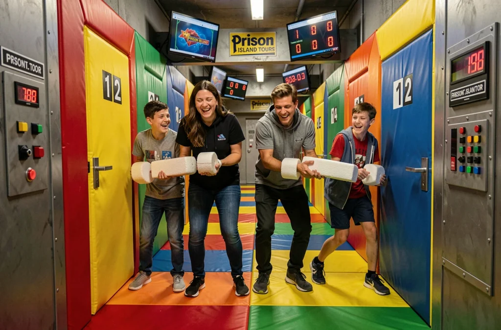 Une famille joue ensemble dans un couloir d'obstacles au Prison Island Tours Nord à Tours