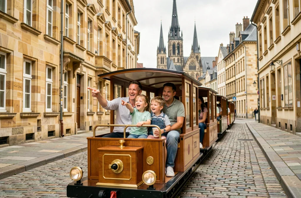 Famille à bord du P'tit Train touristique traversant le centre historique de Metz