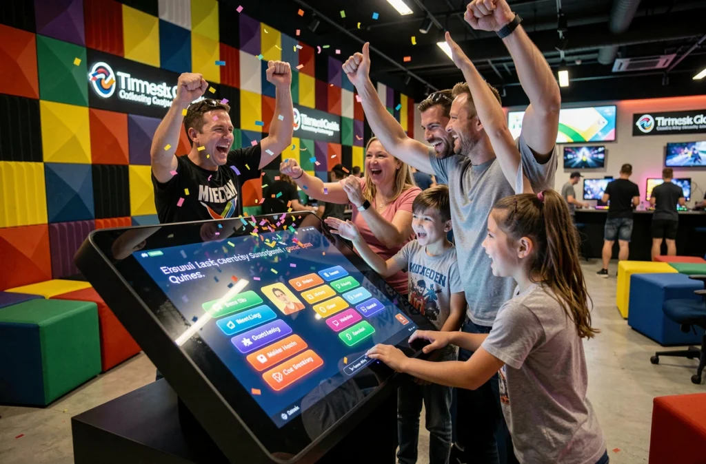 Une famille réagit avec enthousiasme à une question du Quiz Boxing lors d'une sortie ludique à Tours