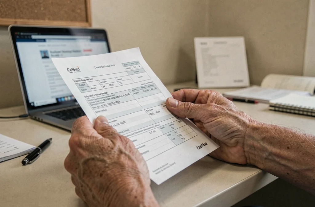 Mains tenant un relevé bancaire pour vérifier la date de réception du versement RSA 2026