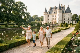 Une famille multigénérationnelle se promène devant un château de la Loire en Indre-et-Loire lors d'une sortie en famille