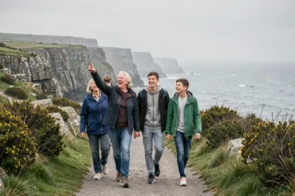 Famille en balade sur le littoral du Finistère avec falaises de granit et mer en arrière-plan