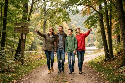Famille en balade dans la nature mosellane, parents et adolescents souriants sur un sentier forestier