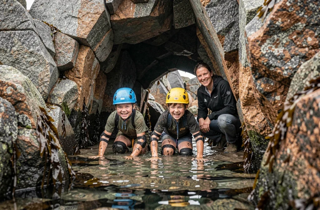 Enfants explorant les grottes du Spluj à Plouguerneau avec casques et équipement