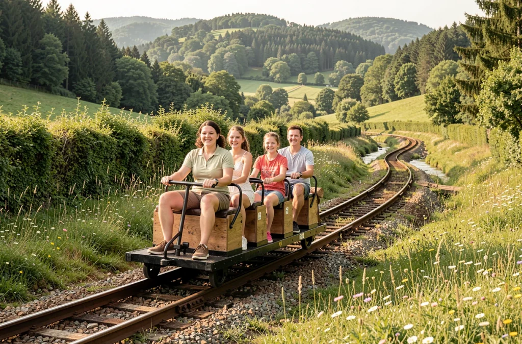 Famille pédalant sur un vélorail dans la vallée verdoyante du Spin en Moselle