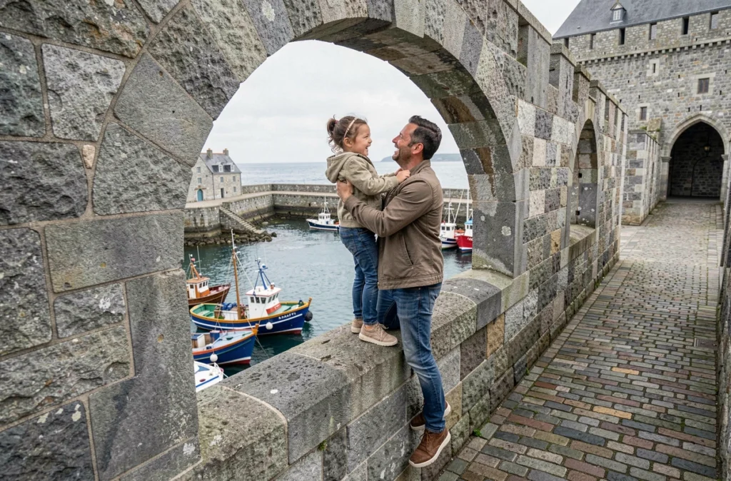 Père et fille sur les remparts de la Ville Close de Concarneau avec le port en fond