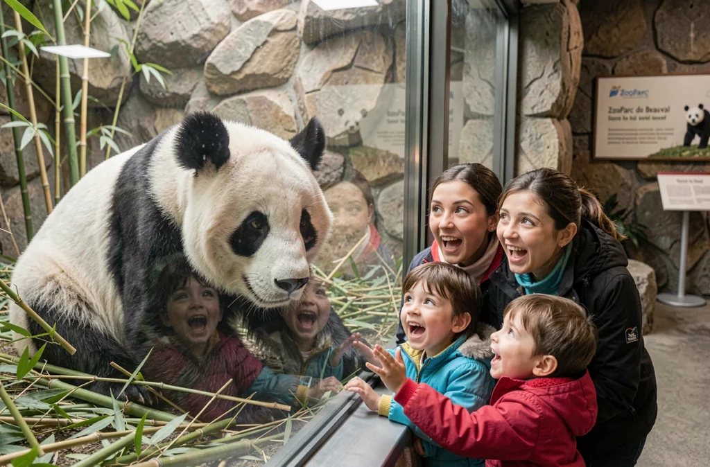 Une famille émerveillée observe un panda géant derrière la vitre de son enclos au ZooParc de Beauval