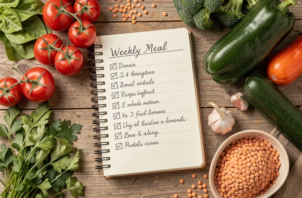 Carnet de menu de la semaine entouré de légumes frais