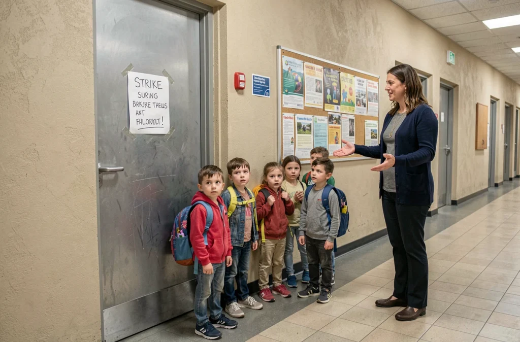 Enfants devant la porte fermée de la cantine scolaire lors d'une grève du personnel de restauration
