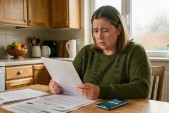 Mère de famille lisant un document scolaire sur la grève de cantine à la table de sa cuisine