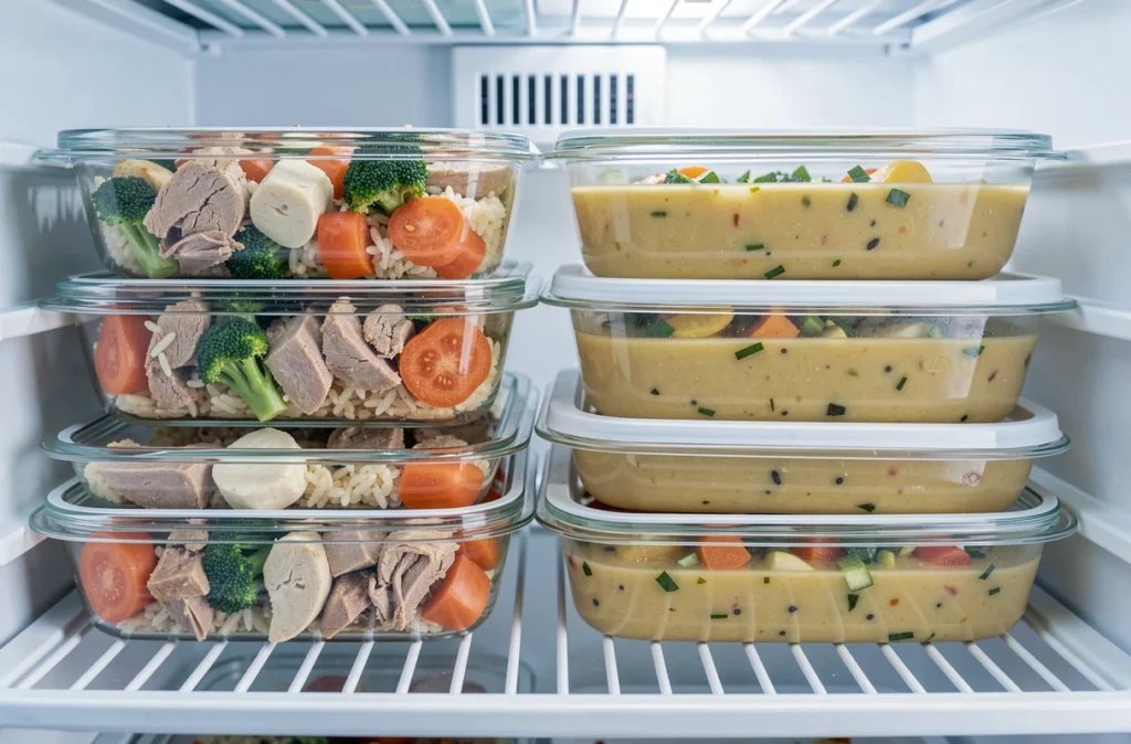 Plats cuisinés rangés dans des boîtes au réfrigérateur