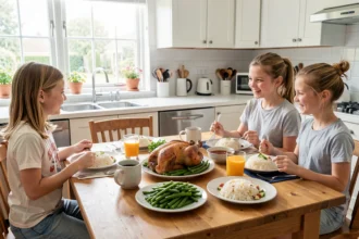 Table de cuisine familiale avec un dîner équilibré
